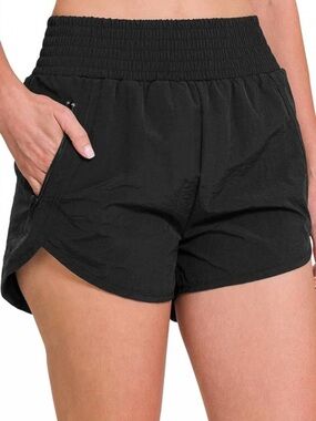 Zenana ($52) Black Windbreaker Smocked-Waist Athletic Shorts with Zip Pocket SzS